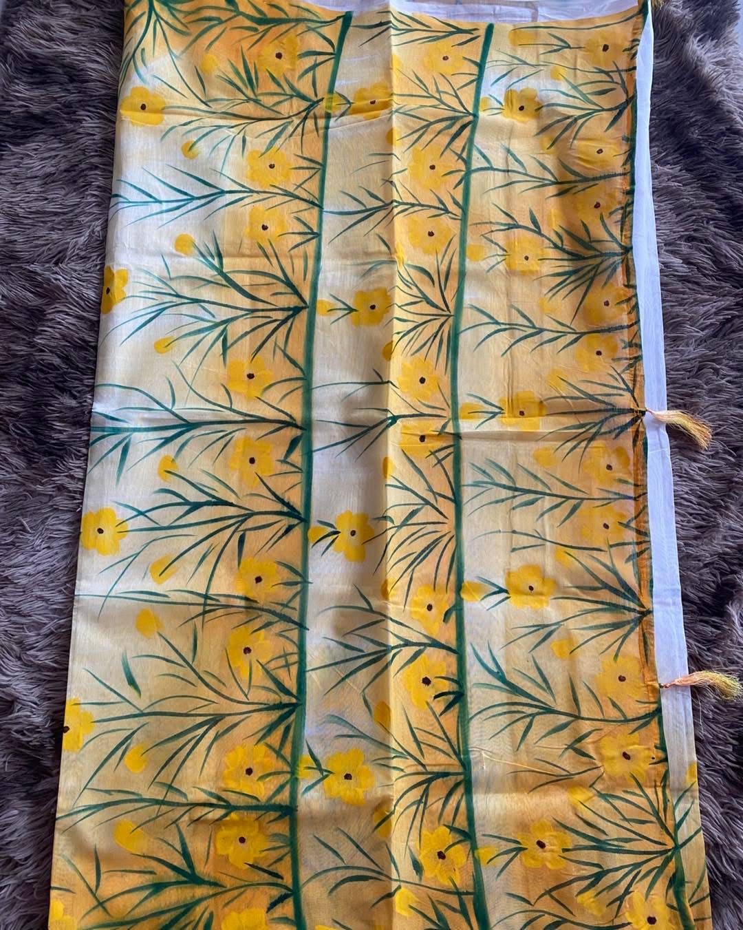 White & Yellow floral Half Silk Cotton Hand Print Sharee by Aayat's zone
