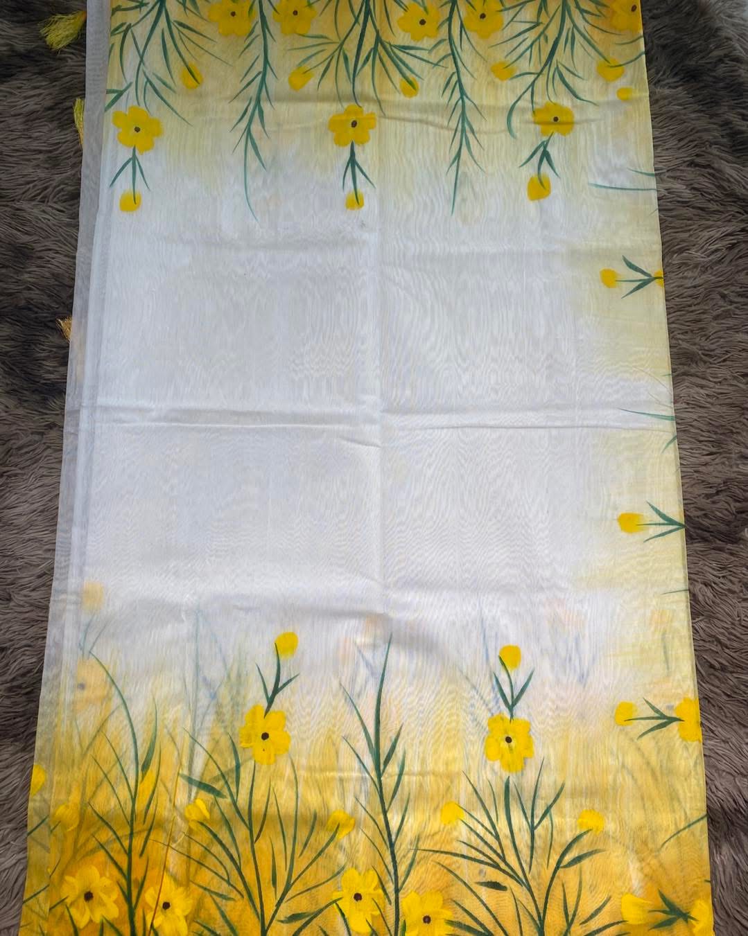 White & Yellow floral Half Silk Cotton Hand Print Sharee || Product Photo 2