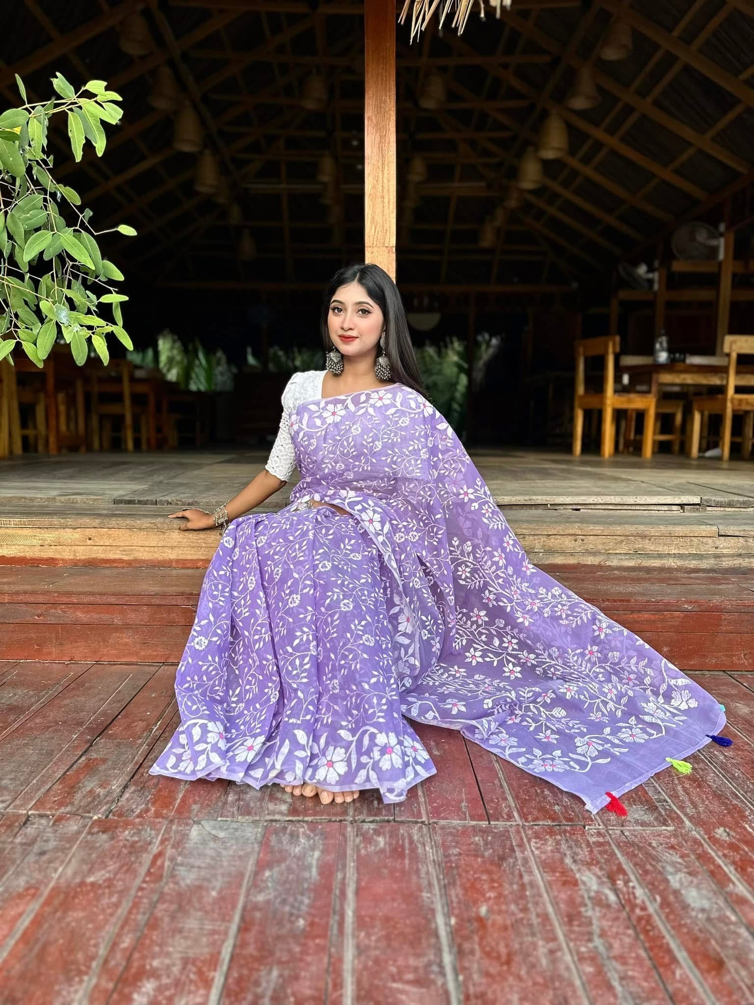 Purple Block Print Sharee || Product Photo 3