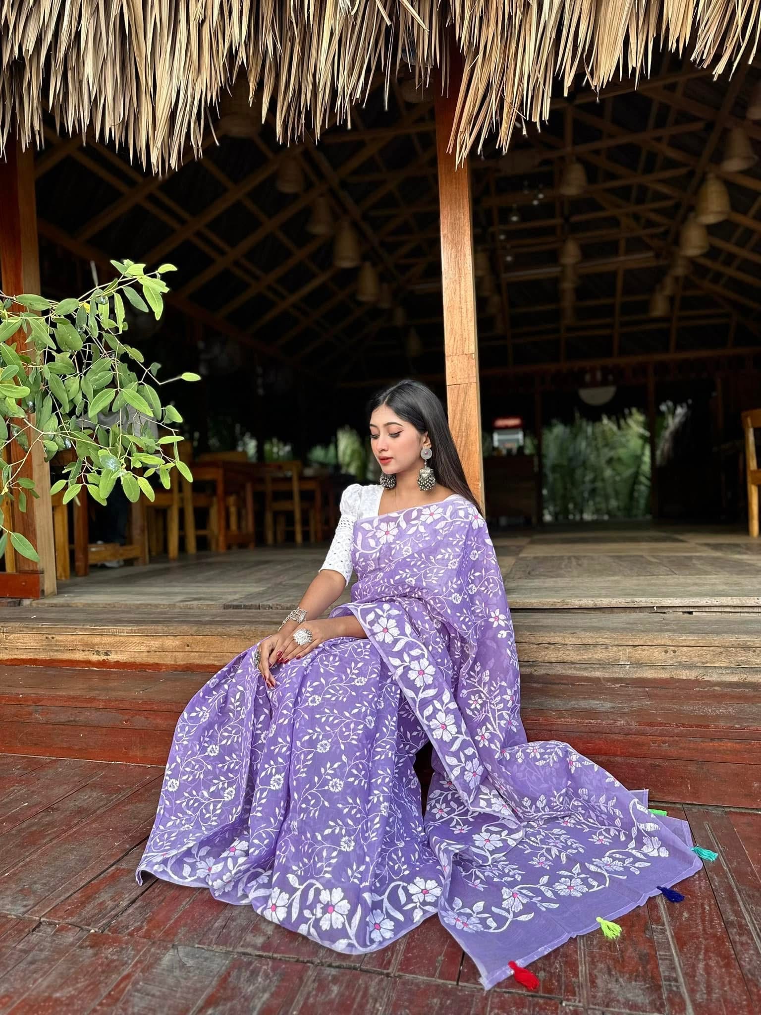 Purple Block Print Sharee || Product Photo 2