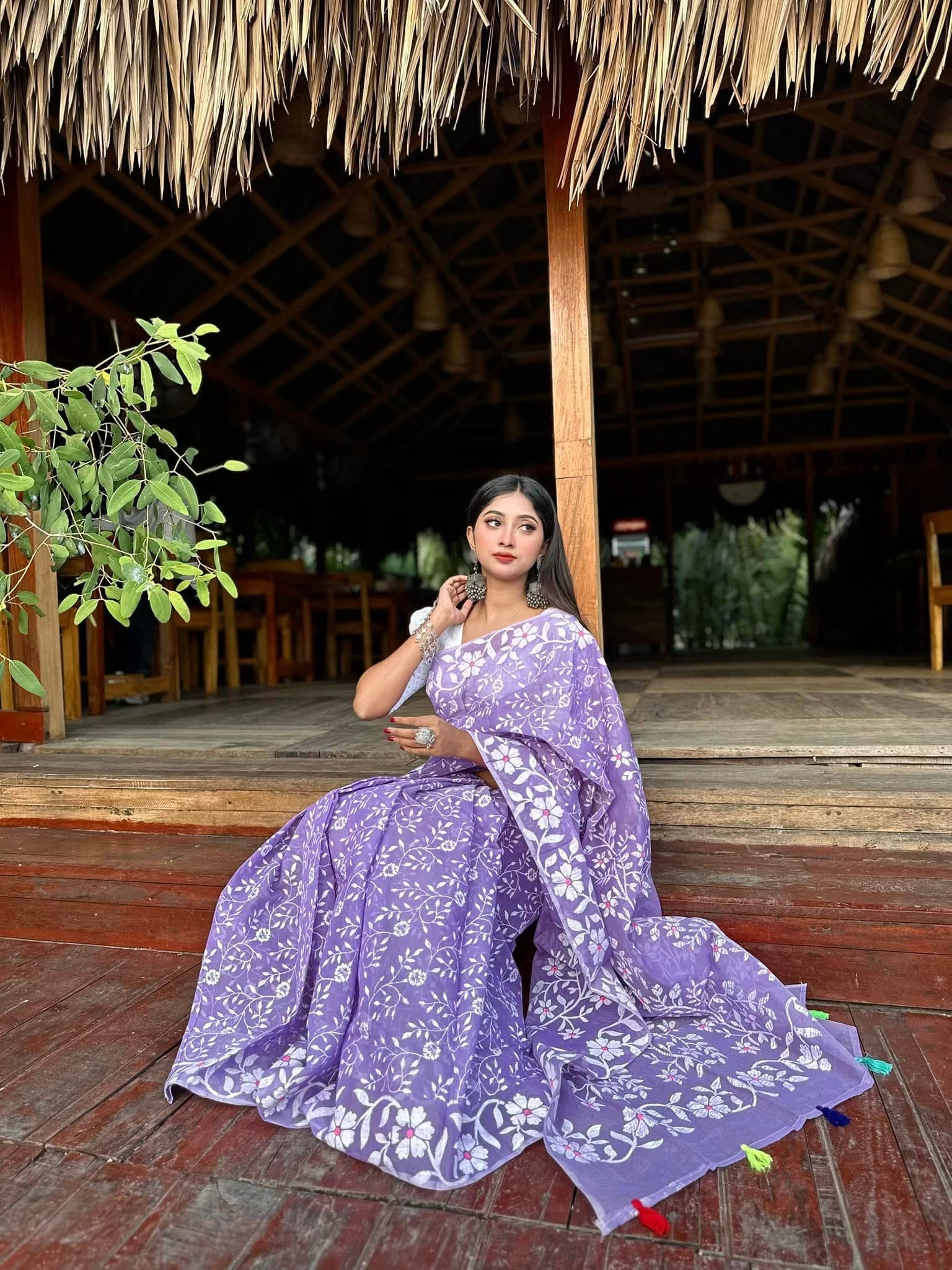 Purple Block Print Sharee || Product Photo 1