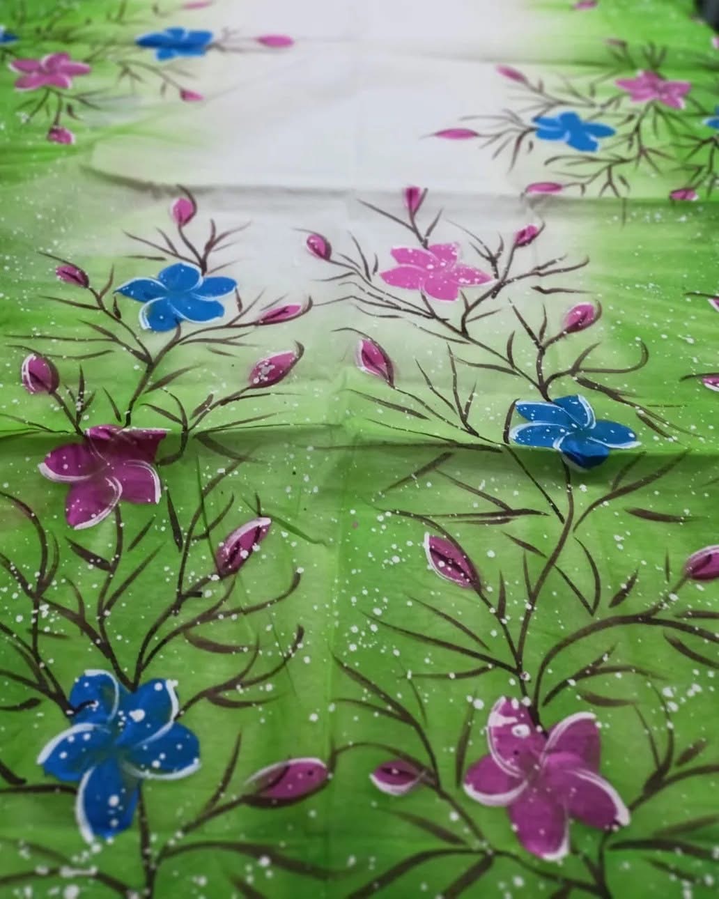 White & Neon multicolour floral Hand print Sharee || Product Photo 2