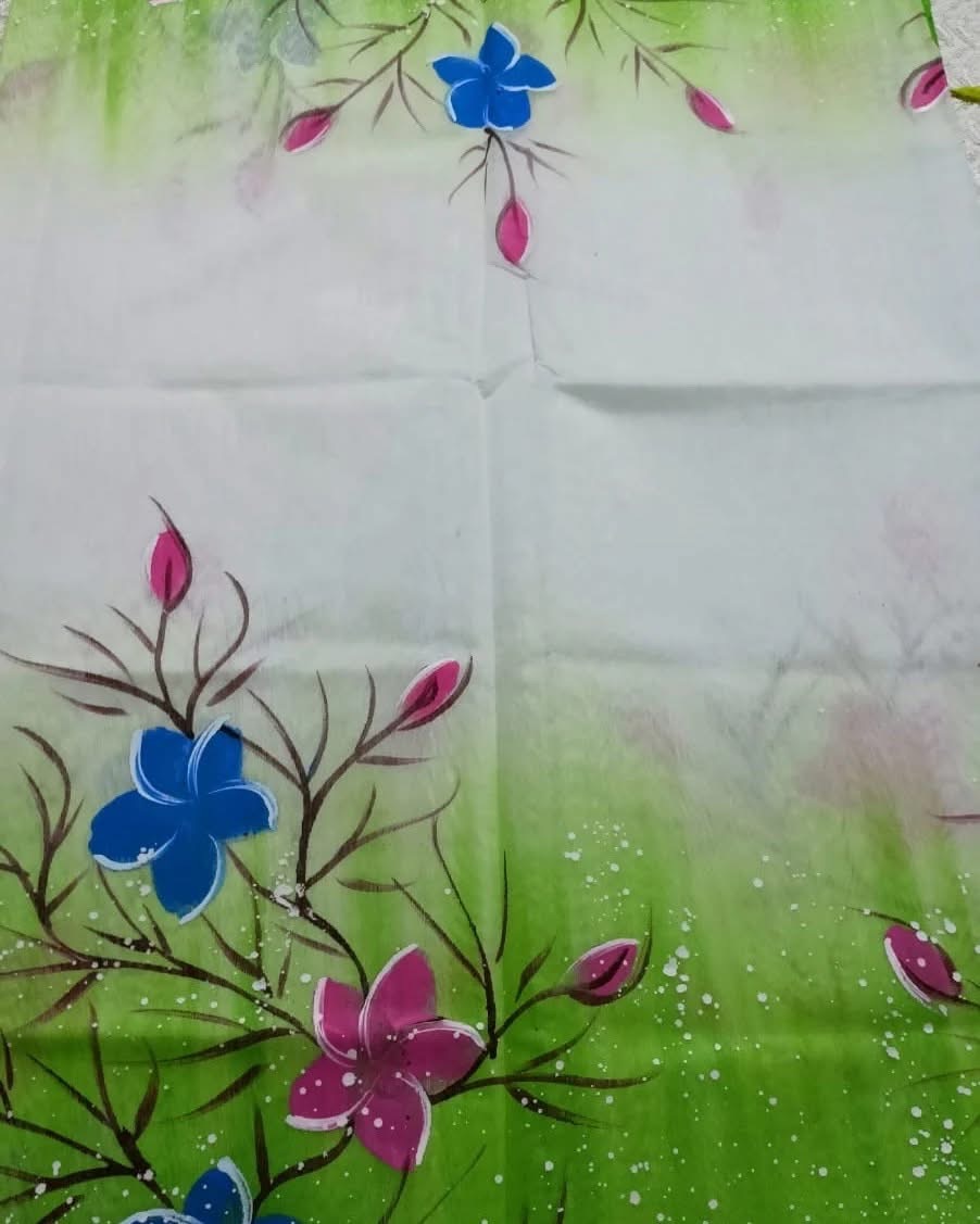 White & Neon multicolour floral Hand print Sharee || Product Photo 3