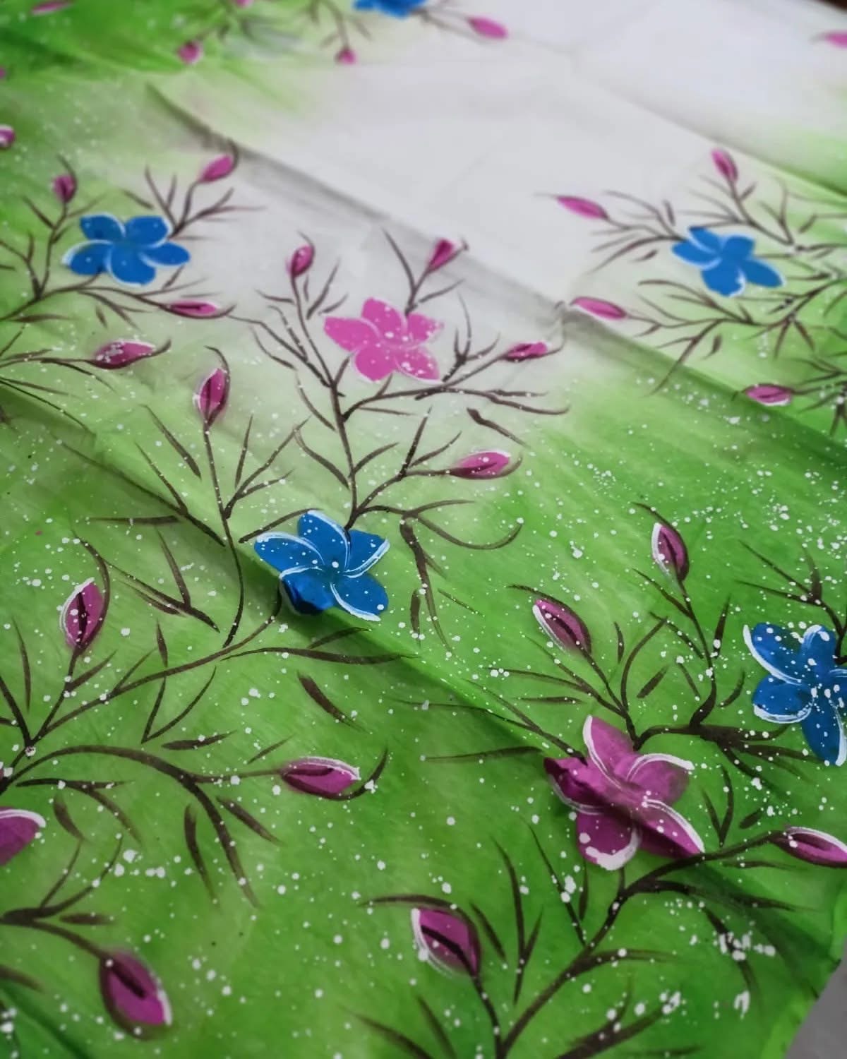 White & Neon multicolour floral Hand print Sharee by Aayat's zone