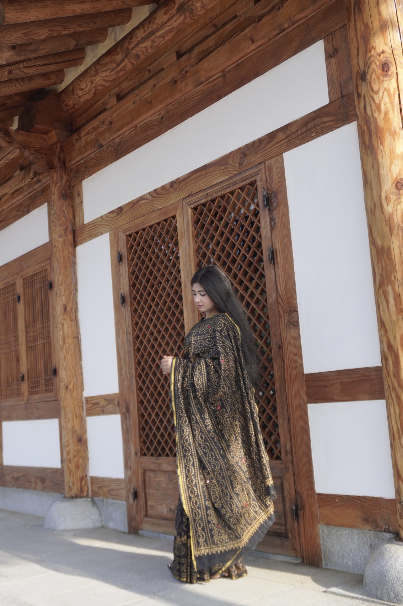 Black & Yellow Kashmiri Style Blockprint Sharee || Product Photo 3