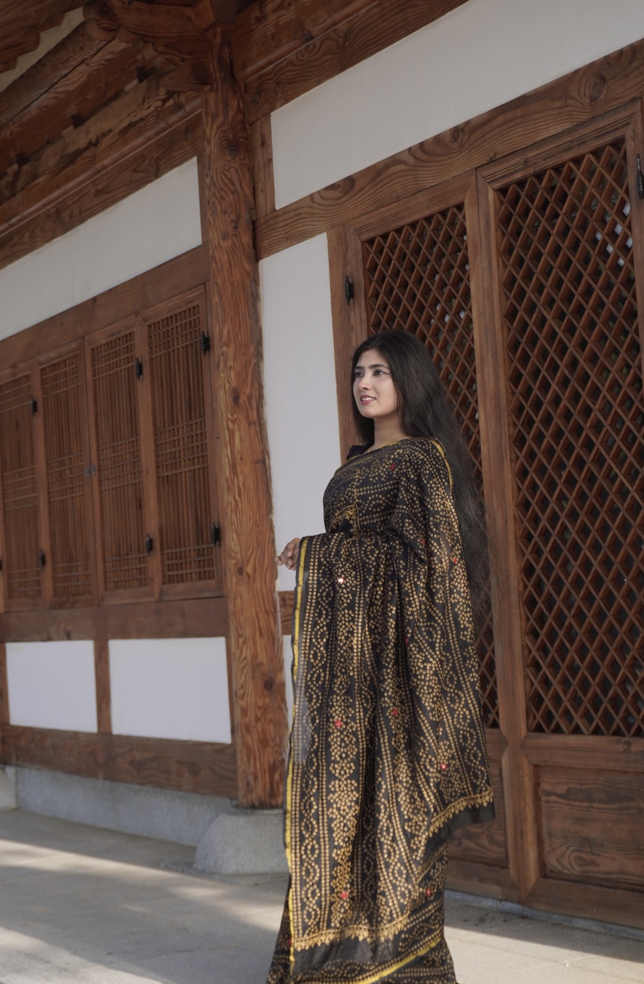 Black & Yellow Kashmiri Style Blockprint Sharee || Product Photo 2